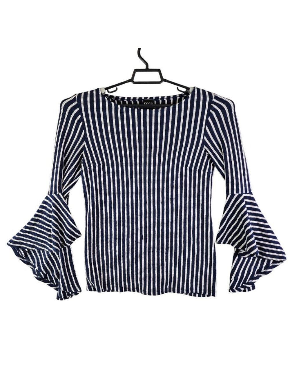 Womens Coco Bianco Blue White Striped Bell Sleeve Blouse Top Polyester Stretch M